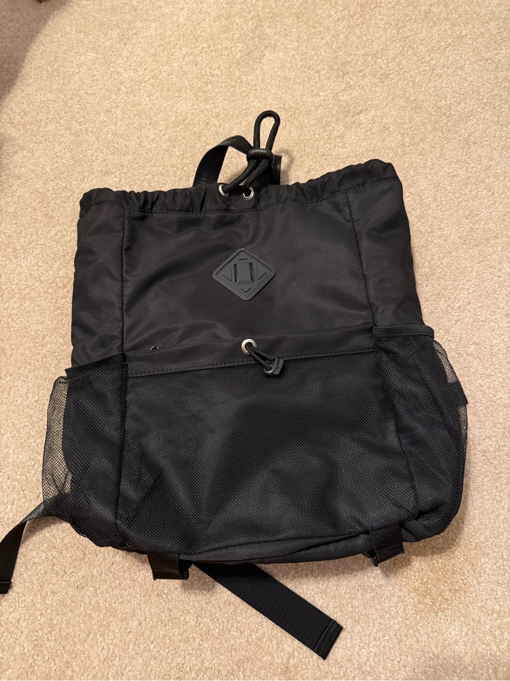 Men's Black Drawstring Backpack with Front Mesh Pocket